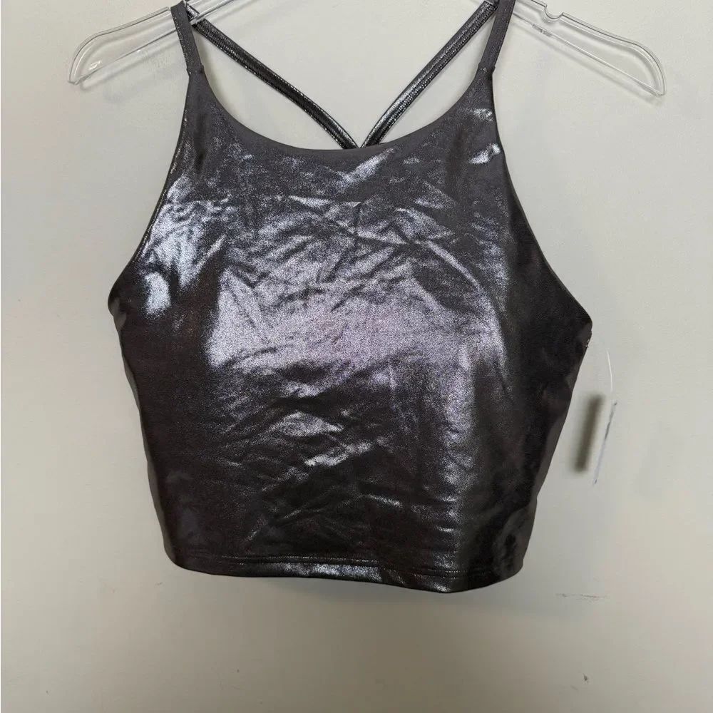 Old Navy Powersoft Metallic Silver Shine racer back longline sports bra NWT